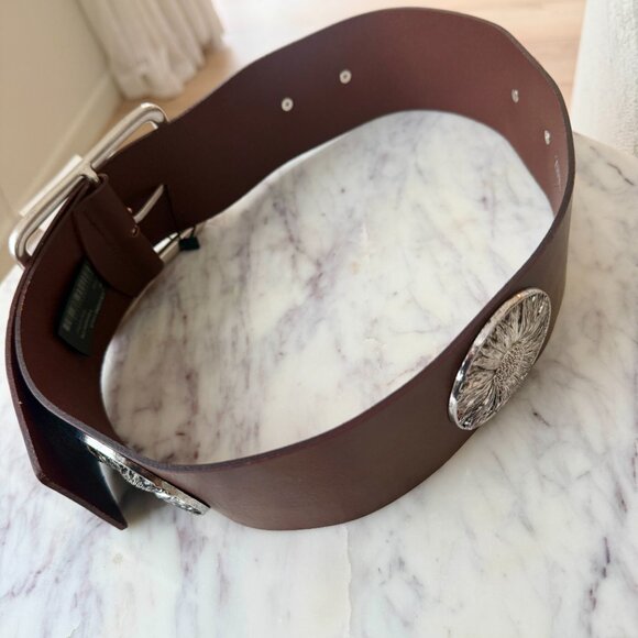 🌼 ZARA Wide Leather Floral Belt Brown Silver Metal Daisies 80 - Picture 7 of 14
